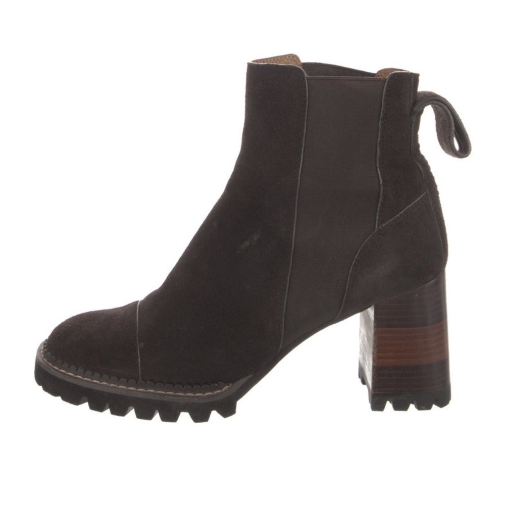 See by Chloe suede, block heel ankle boots in chocolate brown, size 9-1/2